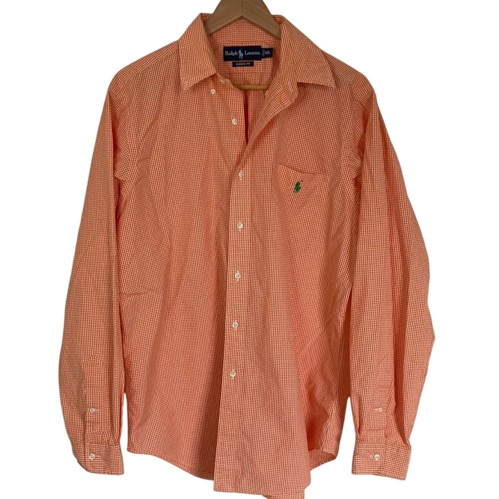 Ralph Lauren‎ Shirt Size Large Classic Fit Long Sleeve Orange White Gingham